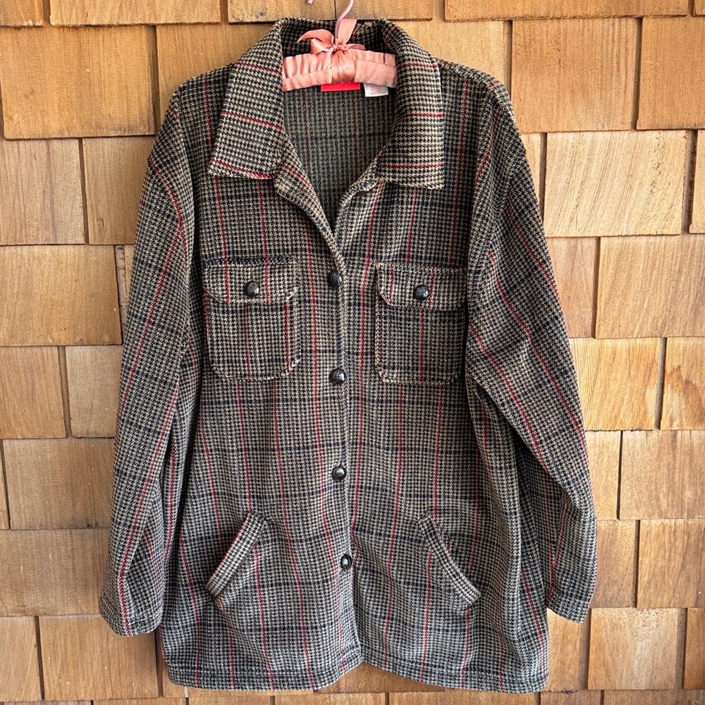Liz Claiborne Brown Checked Wool-Blend Jacket with Red Windowpane